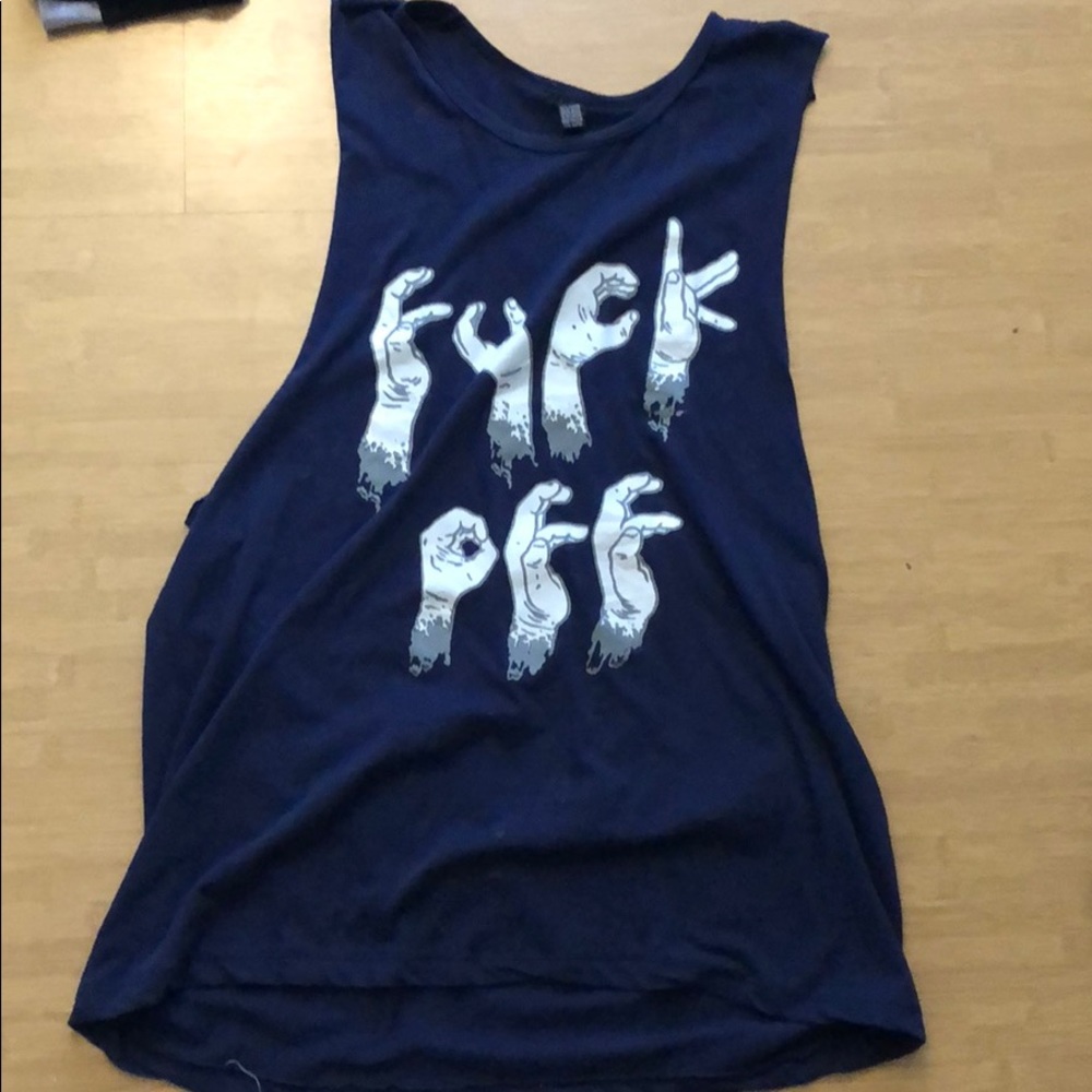 In hands “fuck off” muscle tank top